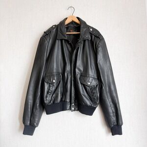 Reed Vintage‎ Mens Black Leather Bomber Flight Jacket Aviator Epaulets Large